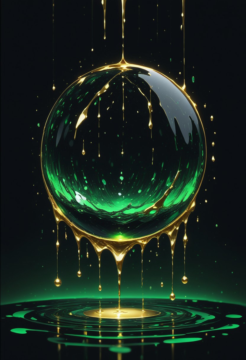(masterpiece), best quality, Anime, (Floating Sphere, Melting, Dripping), Black Background, No Humans, Green and Black Theme, Gold Filigree, (Light Refraction), Symphtia-Style