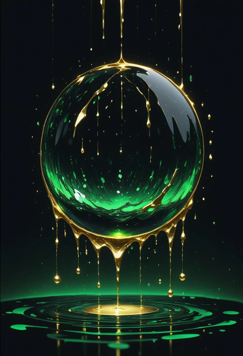 (masterpiece), best quality, Anime, (Floating Sphere, Melting, Dripping), Black Background, No Humans, Green and Black Theme, Gold Filigree, (Light Refraction), Symphtia-Style