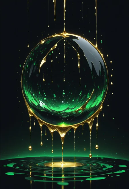 (masterpiece), best quality, Anime, (Floating Sphere, Melting, Dripping), Black Background, No Humans, Green and Black Theme, Gold Filigree, (Light Refraction), Symphtia-Style