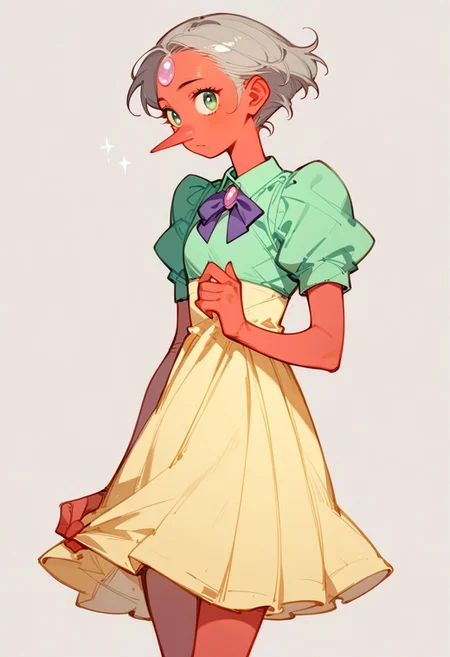ng_deepnegative_v1_64t, score_9, score_8_up, score_7_up, zPDXL2, detailed background, concept art, source_anime, 1 girl, red skin, gray hair, short hair, puffy hair, light green shirt, (long nose), lavender gem on forehead, purple ribbon around neck, yellow skirt, tall, long legs, pink mary janes, lifting dress up, cute pose