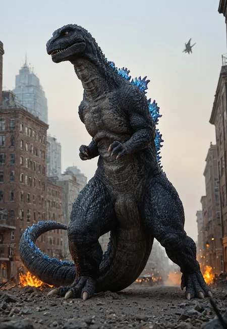 score_9, score_8_up, score_7_up, solo, 1man, giant dinosaur zilla_1998, sharp teeth, spines, blue spines, feral, realistic scales, detailed scale texture, solo, size difference, german village, solo, outdoors, city, city of fire, solo,furry male, solo, plantigrade, full body, solo, cinematic setting, extremely detailed, Macro detailed realism style photograph, 3DMM