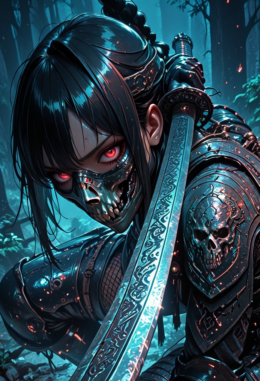 (masterpiece), (best quality), (8k), 1girl, cinematic lighting, dynamic action pose, highres, very detailed, amazing quality, masterpiece, fujimoto_tatsuki, fujimoto_tatsuki_(style), 
very aesthetic, intense,
particle effect,
1girl, samurai, solo, braided hair, layered samurai armor, engraved, bodysuit, tight clothing, fishnets, sleeveless, futuristic armor, runic symbols etched in armor, armored legs, full mask, halfmask, katana, red eyes, skulls, 
assassin theme, japan theme,
looking at viewer, tough pose, holding spear,
mountains, 
at night, night, close up, closeup,