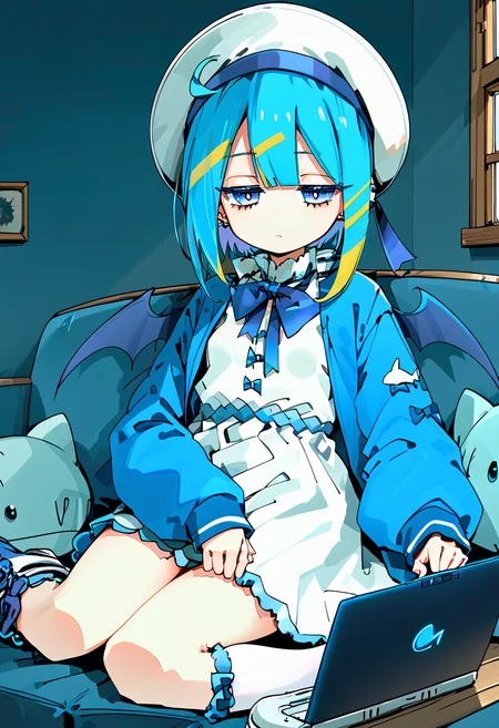 (score_9:0.9),score_8_up,score_7_up,rating_safe,unaestheticXL_3x3,anime style,(zPDXL), <lora:Live twin ponyXL v1:1>, 1girl, small breasts, lil la, white dress, blue jacket, white socks, white sailor hat, blue demon wings, blue sneakers, blue ribbon, expressionless, half-closed eyes, <lora:Illuminated_By_Screen:0.8>, Scr33nLum, laptop, sitting, dark,indoors, shadows, harsh lighting, couch,