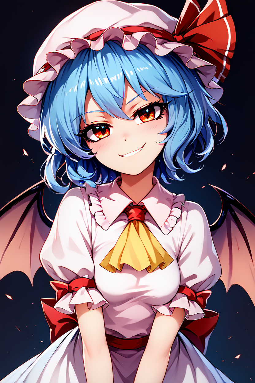 score_9, score_8_up, score_8, medium breasts, (curvy), cute, eyelashes,       BREAK, , zzRemilia, red eyes, blue hair, short hair, hat, ribbon, wings, ascot, hat ribbon, bat wings, short sleeves, frills, puffy sleeves,  smile, smug,  <lora:Remilia_Touhou_PDXL:0.8>, BREAK, looking at viewer, ,,, smile, upper body, leaning forward, head tilt, ,,, embedding:zPDXL, Expressiveh, ,,, <lora:theButcherXPDXL:0.8>, <lora:CatalystStylePDXL:0.6>, <lora:SDXLFaeTastic2400:0.5>, <lora:Expressive_H-000001:0.4>,