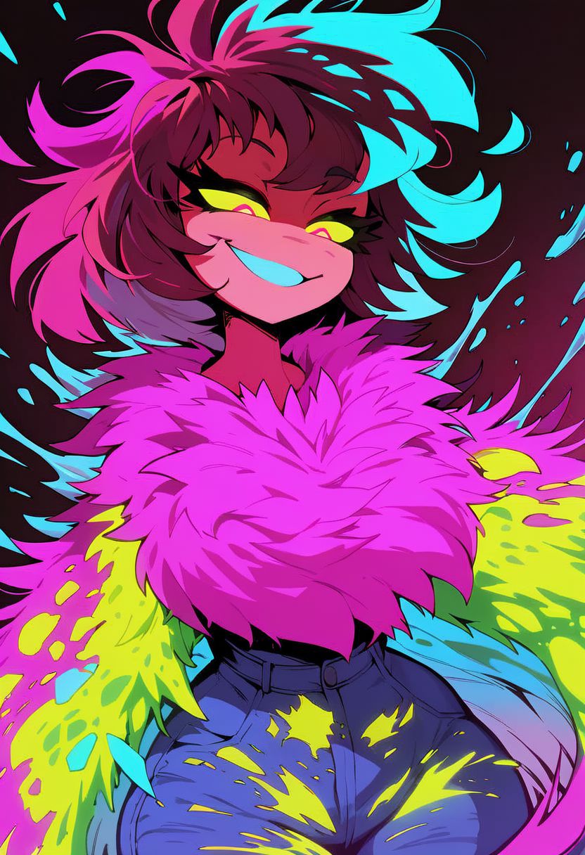 score_10, score_9_up, score_9, cute adorable tall girl, hot sex, vibrant colors, thrusting colors, HD, High Quality image, upscaled, enhanced, vibrant effects, big beautiful eyes, vibrant glowing tattoos, (glowing long messy hair:1.3), bangs, vibrant hair, vibrant liquids leaking from head, vibrant liquids, vibrant water, vibrant clothing, water, big fuzzy coat, low cut jeans, focus waist, liquid falling from mouth, big smug smile, smug eyes