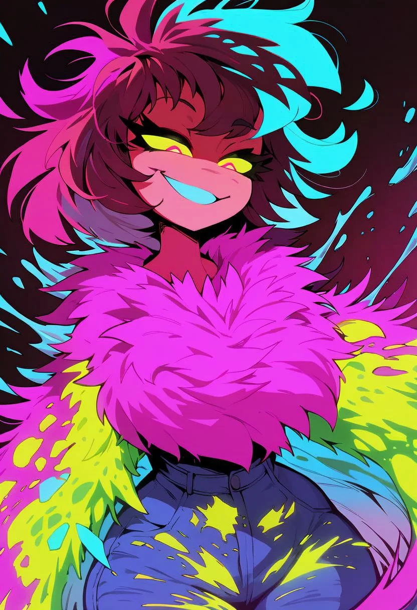 score_10, score_9_up, score_9, cute adorable tall girl, hot sex, vibrant colors, thrusting colors, HD, High Quality image, upscaled, enhanced, vibrant effects, big beautiful eyes, vibrant glowing tattoos, (glowing long messy hair:1.3), bangs, vibrant hair, vibrant liquids leaking from head, vibrant liquids, vibrant water, vibrant clothing, water, big fuzzy coat, low cut jeans, focus waist, liquid falling from mouth, big smug smile, smug eyes