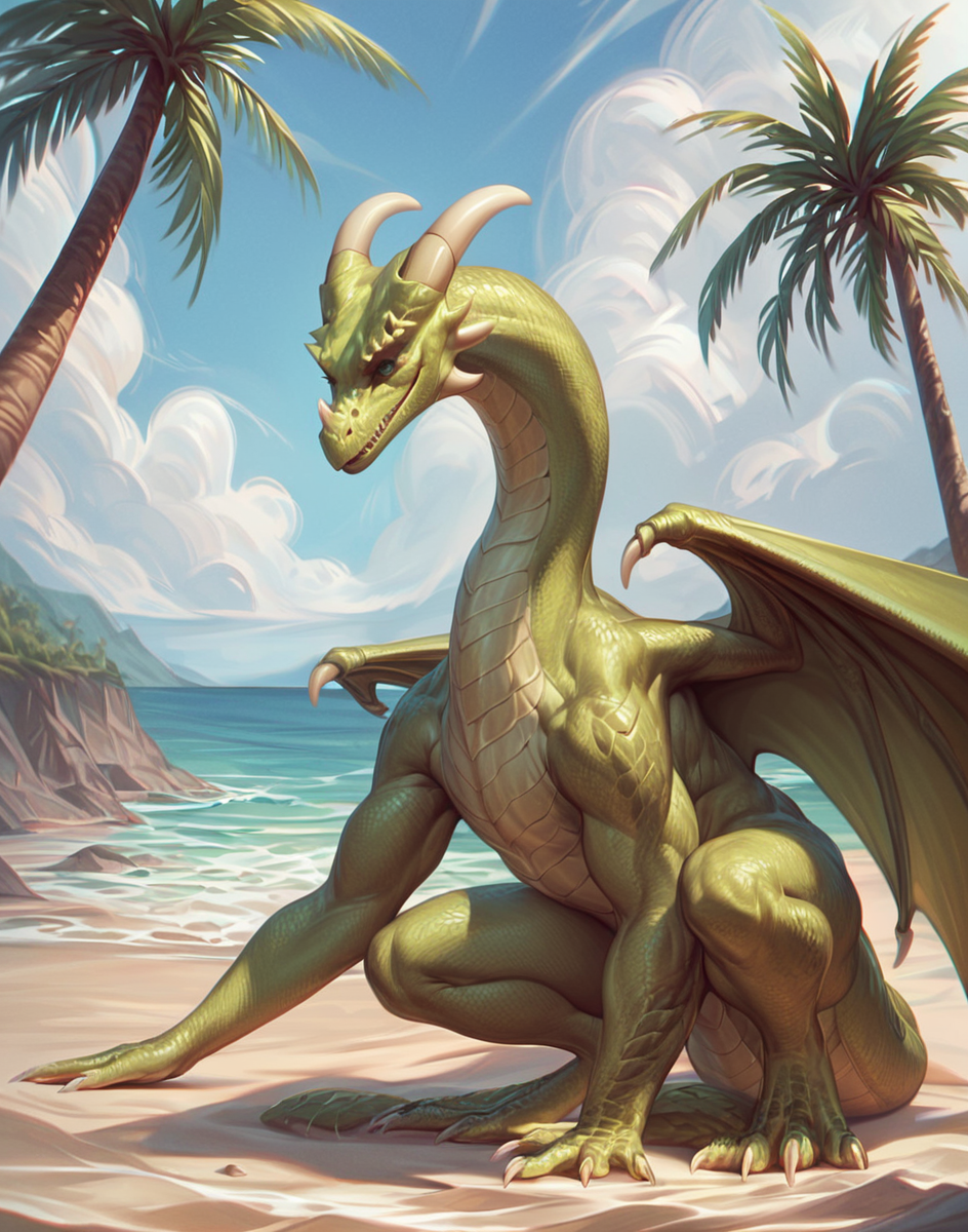 (score_9,score_8_up,score_7_up,score_6_up,score_5_up,score_4_up),high quality,detailled,(beach resort background, sand, outdoor, ocean, sunny, palm trees),<lora:easynegative:1>,<lora:Eyes_High_Definition:0.8>,eyeshd,<lora:StS_PonyXL_Detail_Slider_v1.4_iteration_3:0.8>,
BREAK
full body, <lora:vixenatrix_Peasants_quest:0.8> (vixenatrix, dragon wings, tail, scales, claws, horns,furry, dragon form,green eyes)