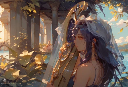 in a secluded clearing, lush vegetation, fantasy architecture, village ruins, elven priestess, upper body, close-up, (pedal harp, holding instrument:1.2), sitting, pas0, sbfte, d4rkv1b3, (score_9, score_8_up:1.1), score_7_up, jill stingray, twintails, dark purple hair, veil, rich broidery, reserved dress, from behind, from side, nape focus, clear lake, golden leaves, spring breeze, setting sun, sc3nery, vibrant colors, high contrast, detail1eye,