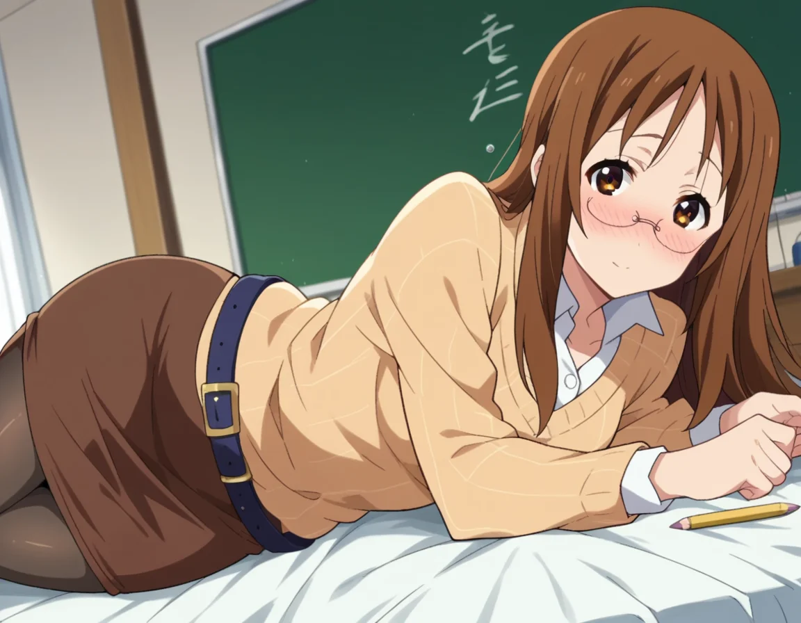 score_9, score_8_up, score_7_up, source_anime,
sawakoyamanaka, <lora:sawako-yyamanaka-s2-ponyxl-lora-nochekaiser:1>,
sawako yamanaka, brown eyes, brown hair, glasses, long hair,
belt, official style, pantyhose, teacher, dress, light brown dress, skirt, pencil skirt,
indoors, bed, bed room, on side, blush, drunk,
looking at viewer, dutch angle, cowboy shot,