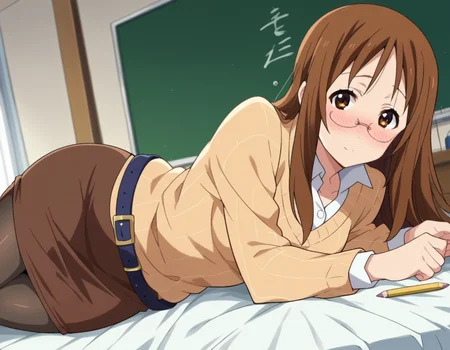 score_9, score_8_up, score_7_up, source_anime,
sawakoyamanaka, <lora:sawako-yyamanaka-s2-ponyxl-lora-nochekaiser:1>,
sawako yamanaka, brown eyes, brown hair, glasses, long hair,
belt, official style, pantyhose, teacher, dress, light brown dress, skirt, pencil skirt,
indoors, bed, bed room, on side, blush, drunk,
looking at viewer, dutch angle, cowboy shot,
