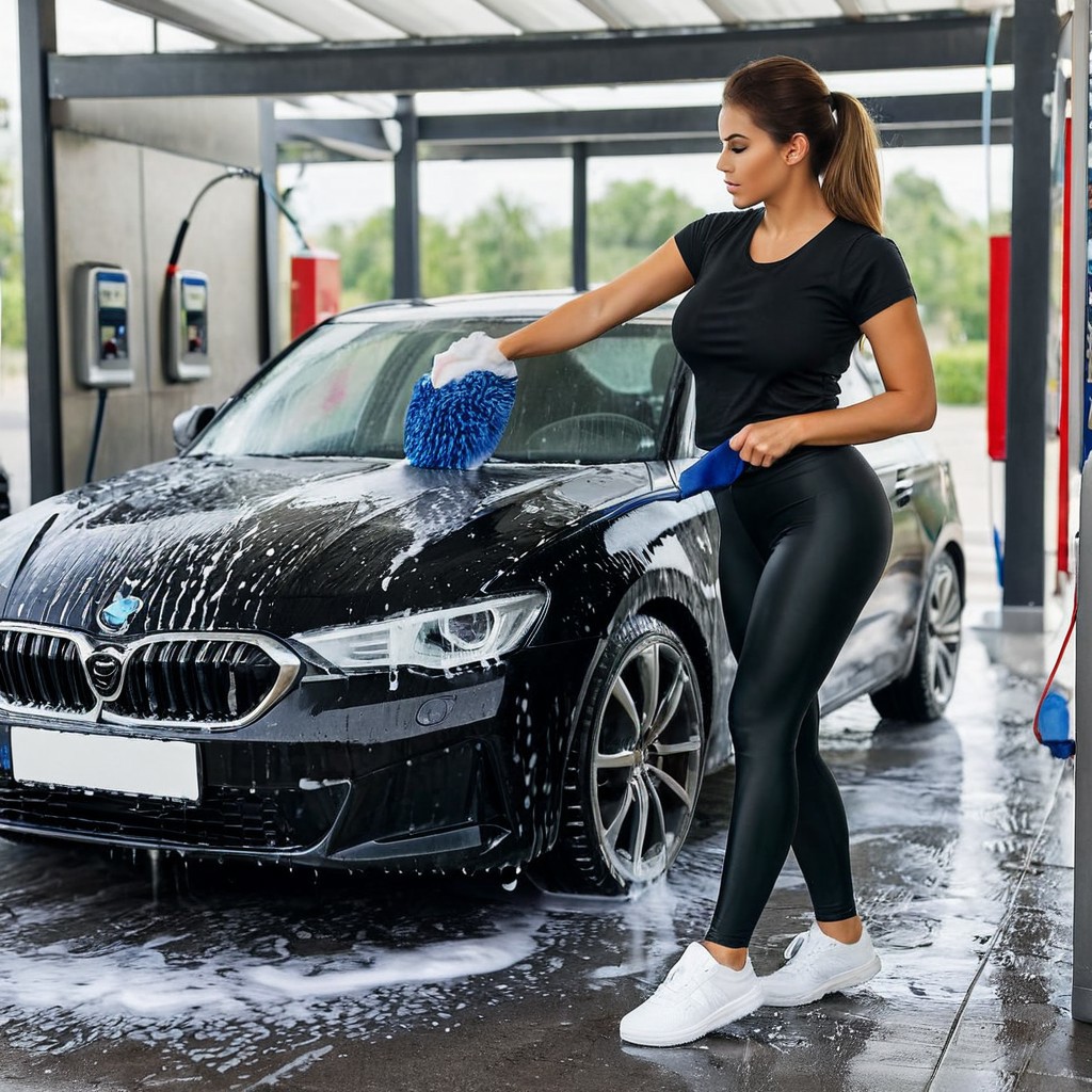 sexy woman washing a car at a self-service car wash station. 
photorealistic, realistic, real photo, amateur photo, Full body shot, 
amateur woman, beautiful busty woman. 
Car wash, Car wash Woman, woman washing a car, woman using a wash glove, wash glove, foam, 
beautiful, sexy, realistic skin. 
black leggings, short tight T-shirt, sneakers, sexy and feminine vibe. 
motor vehicle, car, Full body shot, simple blurry background.