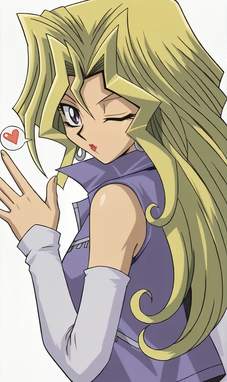 MV, 1girl, solo, blonde hair, long hair, purple eyes, lipstick, purple sleeveless jacket, detached sleeves, from behind, looking over shoulder, looking at viewer, blowing kiss, waving, wink, portrait, white background, blank background, <lora:Mai Valentine Pony XL:0.9>