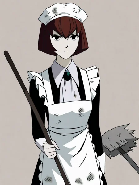 source_anime, score_9, score_8_up, score_7_up, anime screencap, 8k, absurd res, <lora:BigO_PDXLv1 Dorothy-000060:0.8> 1girl, solo, dorothy_maid_(the_big_o), short hair, red hair, green brooch, black eyes, apron, maid, black dress, maid headdress, maid apron, dirty, duster, simple background, v:1.3,
