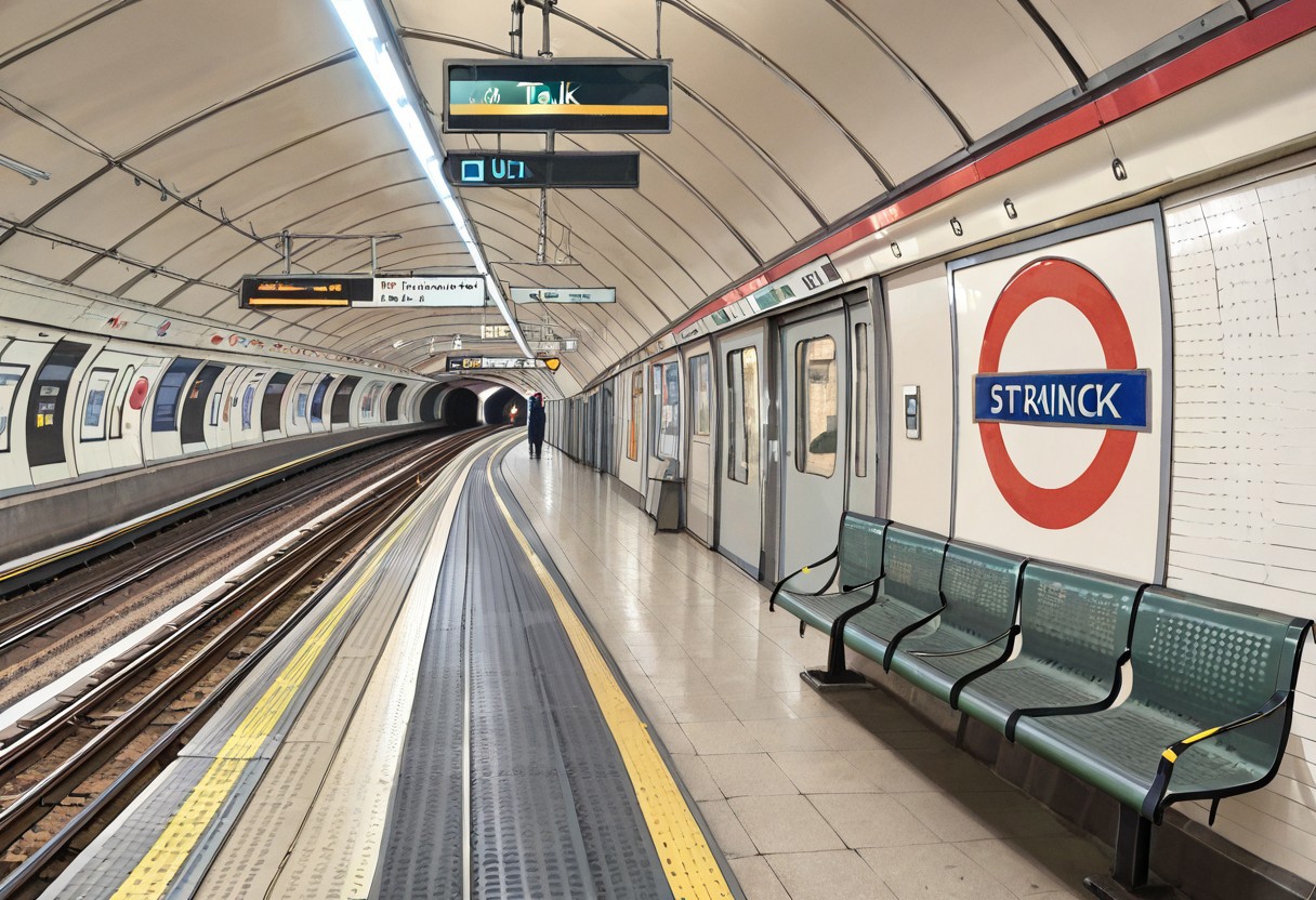 (masterpiece, newest, high quality, best quality, very awa, very aesthetic, ultra detailed, realistic), hyperrealistic, (UHD quality details), wide shot, railroad track, tube_platform, tfl_sign, no humans, bench, indoors, depth of field, 8k uhd, absurdres, volumetric lighting, tack sharp focus, beautiful composition, intricate detail, professional illustration