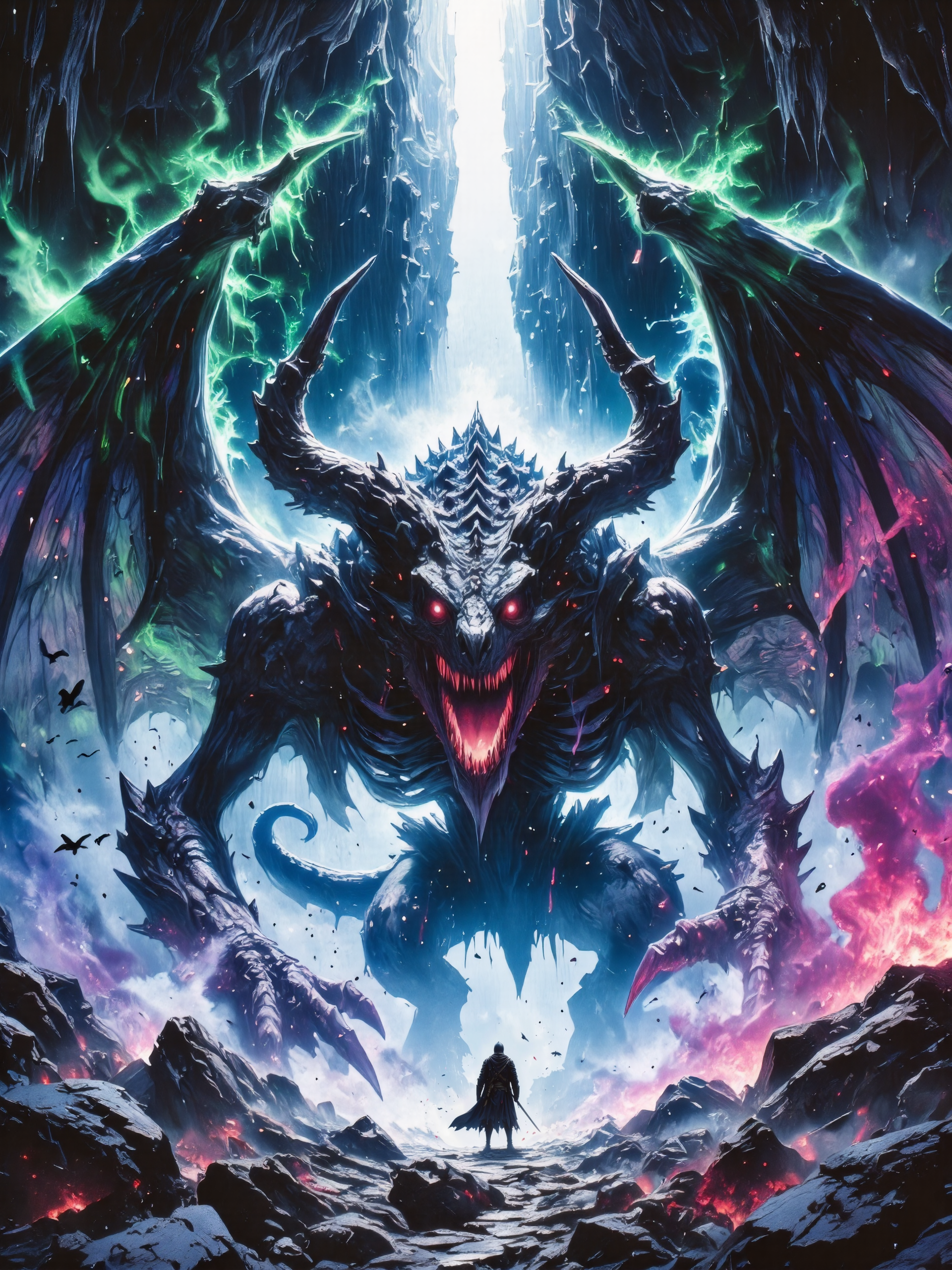 symmetrical composition, a four-legged skeleton dragon with huge symmetrical and tattered wings and slightly curved, long horns, ink and watercolor on washi paper, epic and very dramatic illustration, cinematic composition, crepuscular rays, volumetric lighting, an atmosphere of sheer terror and ancient dread, in the yawning abyss of a vast, underground cavern, a colossal, gargantuan, four-legged skeleton dragon rises, its enormous, tattered wings spread wide like the remnants of a long-decayed nightmare, the blackened bones of its ribcage bend downward like gnarled roots, scorched by eldritch fire. each vertebra a twisted monument to something unnatural, its abyssal maw gapes open, revealing rows of razor-sharp teeth, and from the depths of its hollow eye sockets, twin orbs of searing crimson light burn. eldritch vapors coil and writhe around the beast, swirling in unnatural neon hues of sickly green, phosphorescent blue, and eerie violet, casting an unearthly glow upon the jagged rocks littering the cavern floor, the ground itself is cracked and treacherous, the remnants of shattered stalagmites and ancient bones hinting at those who dared to trespass before and never returned, high above, a crack in the cavern ceiling allows a pale beam of ghostly moonlight to pierce the abyss, illuminating the dragonâs grotesque form in stark, spectral relief. small, shadowy bats take flight, their black silhouettes flitting toward the moonlit gap, the cavern beyond fades into a haze of mist and shadow, a place of unfathomable depth and forgotten horrors. the palette is a spectral interplay of ghostly blues, bone-whites, and violent, burning crimsons, contrasting with the neon phosphorescence of the eldritch mists, every brushstroke meticulous, each detail of the dragonâs grotesque form rendered in exquisite, hand-painted watercolor and ink, the delicate washes of color lending a dreamlike, haunting quality to the nightmarish vision. a cinematic, ground-level shot, extreme low-angle, capturing the sheer monstrosity of the bone-dragonâs towering form, its presence overwhelming, utterly menacing, the interplay of light and shadow weaving an eerie chiaroscuro effect, traditional illustration on aged washi paper, watercolor and ink. detailed brushstrokes enhance the decayed appearance of the beast and the background, watercolor and ink illustration on handcrafted washi paper, ovg, studio ghibli dark fairytale, bosstyle, <lora:style-dark_ghibli-flux-by_arsmachina:0.48> <lora:boss_battle-flux-by_hailoknight:0.76> <lora:image_enhancer-flux-by_dever:0.72>