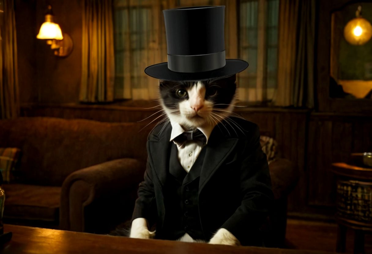 modeltrue, houdinicat, best quality, 4k, hd, a cat with a black top hat in a bar looking nostalgic smoking a cigar, indoors, instrument, (1cat), silly_cat, standing, window, table , bottle, hat, smile, looking_at_viewer, scenery, guitar, chair,  night, glasses, curtains, lantern, depth_of_field, realistic, couch, shadow, choker, jacket, light, fire, open_clothes, profile, low light, ray tracing, melancholic, dutch_angle