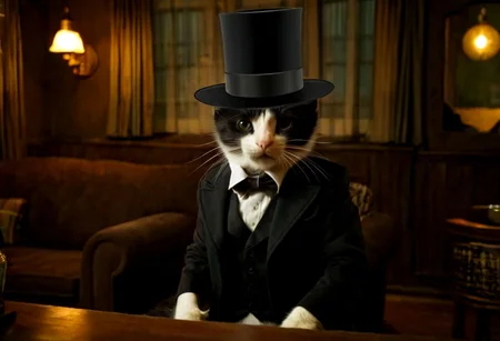 modeltrue, houdinicat, best quality, 4k, hd, a cat with a black top hat in a bar looking nostalgic smoking a cigar, indoors, instrument, (1cat), silly_cat, standing, window, table , bottle, hat, smile, looking_at_viewer, scenery, guitar, chair, night, glasses, curtains, lantern, depth_of_field, realistic, couch, shadow, choker, jacket, light, fire, open_clothes, profile, low light, ray tracing, melancholic, dutch_angle