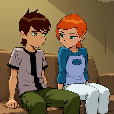 masterpiece, best quality, ben_w_gwen, (1boy, ben_t, brown hair, green eyes), break, (1girl, gwen_t, orange hair, green eyes), sitting, sofa, looking at another