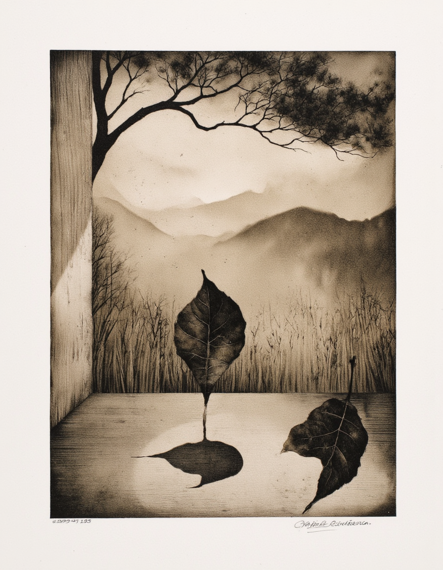 Art by Marina Richterova. A black and white, japanese woodblock print from the series "autumn leaves" from the "from above" series. the image features a surreal landscape with a foggy, misty atmosphere. in the center of the image, a single leaf is suspended in mid-air, casting a shadow over a wooden surface, creating a sense of depth and perspective. the leaf is detailed with veins and a textured surface, giving it a realistic appearance. on the right side of the leaf, another leaf is partially visible, adding depth and dimension to the otherwise monochromatic image. the background features a distant landscape with rolling hills and a distant horizon, set against a muted beige and black color palette. the photograph is framed in a simple white border, with a signature at the bottom, adding a touch of elegance to the overall composition.