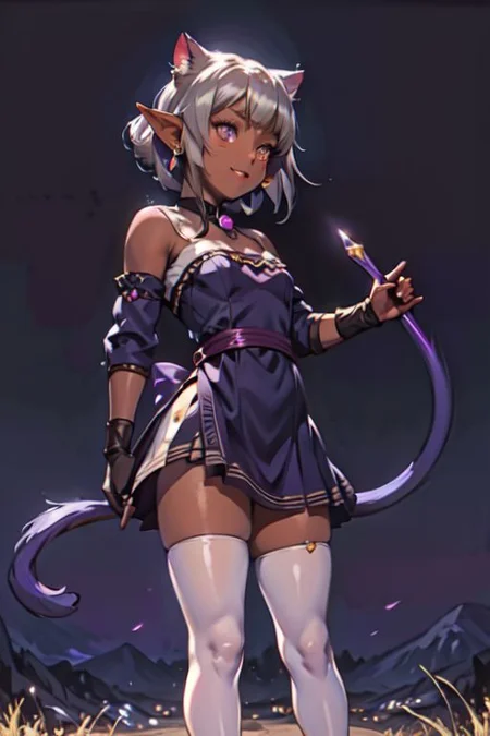 (masterpiece:1.2), (best quality:1.2), perfect lighting, beautiful, <lora:add_detail:0.5>, RAW, analog, Canon 85 mm, award winning glamour photograph, ((hyperrealistic)), fine details, 8k, uhd, extremely detailed body, (extremely detailed skin:1.2), clear, (professional lighting), highres, high detail, sharp focus, aesthetic, extremely detailed, max detail, natural skin texture, elegant, sharp focus, natural lights, HDR, high quality, (front view, standing, model posing:1.4), 1 girl, looking at viewer, elf girl, pointed ears, smug grin, fcNeg, check the prompts for ideas, fcNeg, (dark skin:1.5), elf, earrings, dark purple hair, witch, long hair, (silver eyes:1.5), thighhighs, gloves, indigo dress, cleavage, bare shoulders, elbow gloves, witch hat, white thighhighs, small bust, short stature, Style-GravityMagic, MNN_Taruto, Neko mage, dark purple cat tail