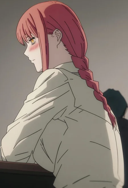 1girl, mak1ma0, red hair, long hair, ringed eyes,
Anime girl , makima (blushing:1.2),, big boobs. best quality, black hair slender girl, years 20 old, no pants, no socks, office cloth