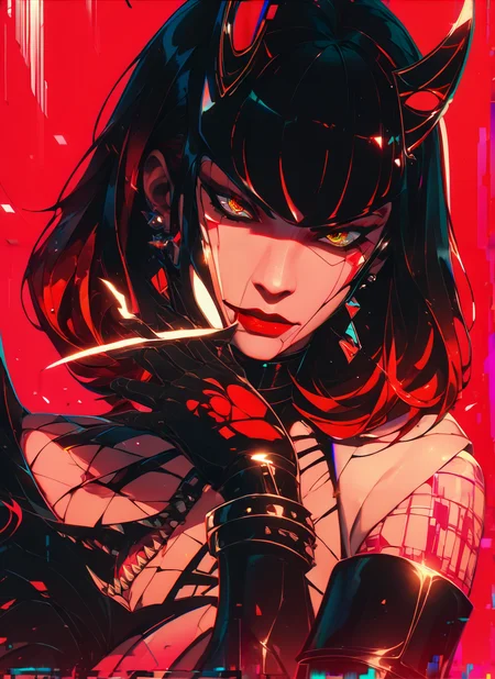 (score_9, score_8_up, score_7_up, thick lineart, sharp edges, cel shading, linear hatching, black and white comic-noir aesthetics, film noir atmosphere, high contrast, duotone, neon glitch art crimson and obsidian black), grim, dark ,