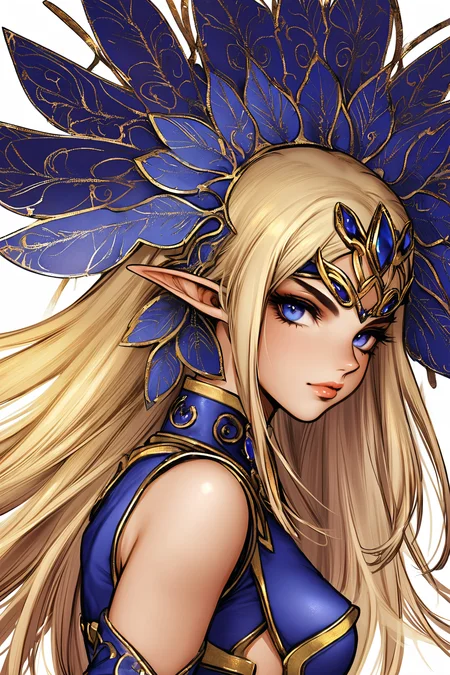 Deedlit,1girl,pointy ears,solo,blonde hair,elf,blue eyes,long hair,breasts,looking at viewer,white background,circlet,upper body,simple background,medium breasts,dress,sleeveless,lips,bangs,blue dress,closed mouth,
<lora:Masamune Shirow_XL:0.8>,