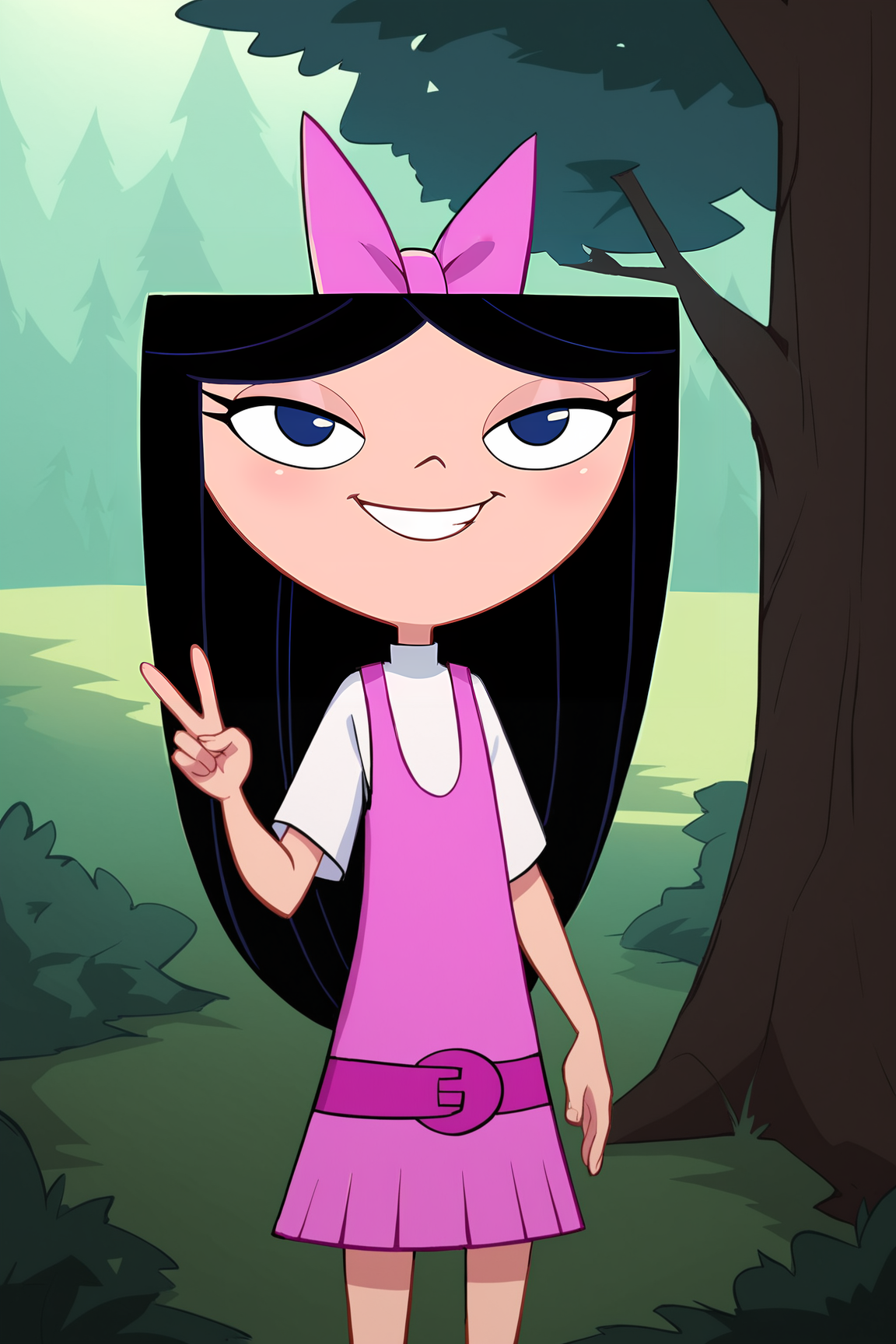 score_9, score_8_up, score_7_up, score_6_up, BREAK, IsabellaPFPXL, shortstack, blue eyes, black hair, long hair, hair bow, pink bow, flat chest, white shirt, pink dress, solo, front view, (portrait, upper body), peace sign, solo focus, seductive smile, looking at viewer, forest, tree <lora:IsabellaPFPXL:1>