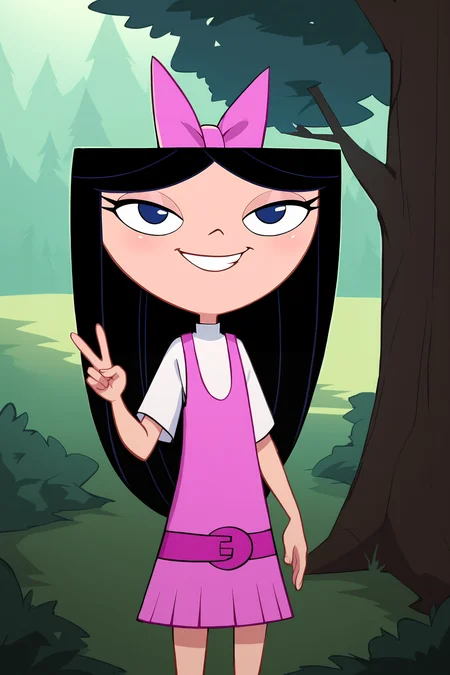 score_9, score_8_up, score_7_up, score_6_up, BREAK, IsabellaPFPXL, shortstack, blue eyes, black hair, long hair, hair bow, pink bow, flat chest, white shirt, pink dress, solo, front view, (portrait, upper body), peace sign, solo focus, seductive smile, looking at viewer, forest, tree <lora:IsabellaPFPXL:1>