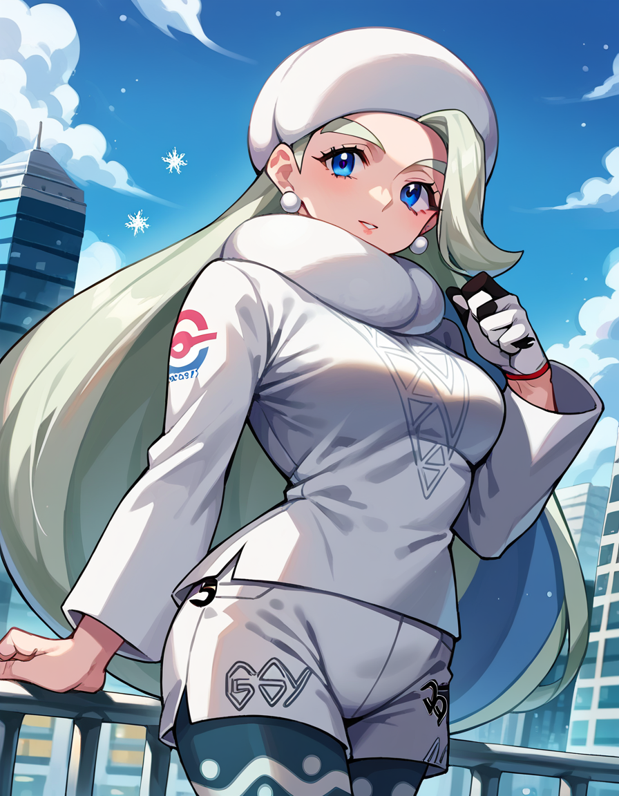 score_9, score_8_up, score_7_up, source_anime,
pokemonmelony, <lora:pokemon-melony-ponyxl-lora-nochekaiser:1>
pokemonmelony, blue eyes, eyelashes, long hair, multicolored hair, streaked hair, grey hair,
earrings, gloves, hat, jewelry, long sleeves, pantyhose, pantyhose under shorts, scarf, shorts, single glove, snowflakes, sweater, white headwear, white scarf, white sweater,
outdoors, cityscape,
looking at viewer, cowboy shot, dutch angle,