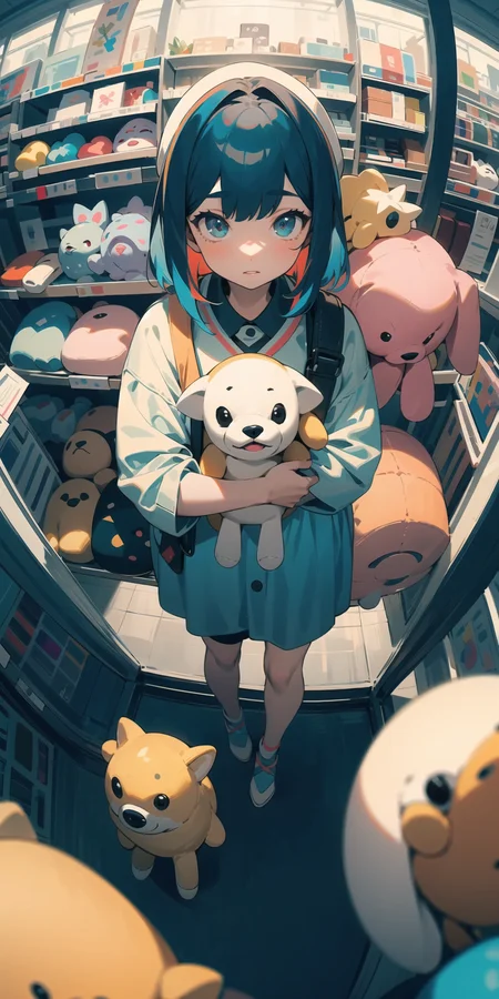 (masterpiece, best quality), (colorful:1.4), from above, solo, 1girl standing in a store with lots of stuffed animals on the shelves and a bag of stuff, depth of field, fisheye lens