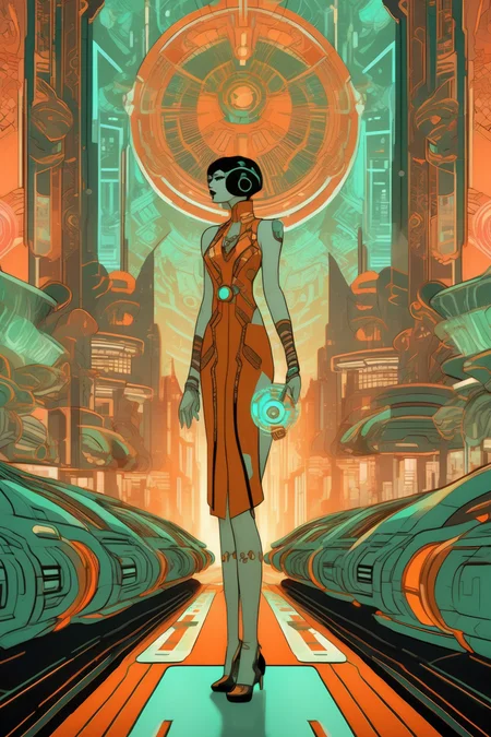 <lora:Kilian Eng Style:1>Kilian Eng Style - Solarpunk/Cyberpunk reality in 1920s retro futuristic art deco style, with symmetrical elements. different scenes, different comics book style characters in mint orange palette. A game about the Cybermafia that sells goods, makes quests, makes deals.