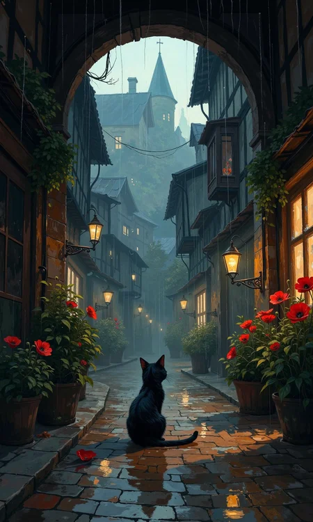 Full shot of a dark street scene, likely digital art, with a black cat seated in the middle ground. 
The street is narrow and lined with buildings of varying heights and architectural styles, suggesting a European-style town.  The buildings are muted, dark tones of brown, gray, and black; some appear wooden, with light shining through windows.  Lanterns, which appear slightly yellowish/orange, illuminate the street, adding warmth to the ambiance, which is further enhanced by the light from the buildings themselves. 
Rain is falling, and the street is wet, with reflections of light on the cobblestone pavement. Water droplets are visible in the air and are reflecting the soft light.  The effect of the rain creates a sense of atmosphere and depth.
The black cat is positioned in the street, sitting facing away from the viewer. It is a silhouette, detailed with implied shapes and texture, and slightly visible black/dark-grayish stripes. 
Plants and flowers in dark-colored pots are placed along the street, adding a touch of nature to the scene. Red poppies are prominently visible in one of the planters.  The overall color palette is cool and muted; the highlights are from the lantern light and building interiors, creating a dramatic and atmospheric feel.  The archway at the top of the frame further contributes to the sense of enclosure and depth.
<lora:FLUX-daubrez-DB4RZ-v2:1> DB4RZ, DB4RZ style painting