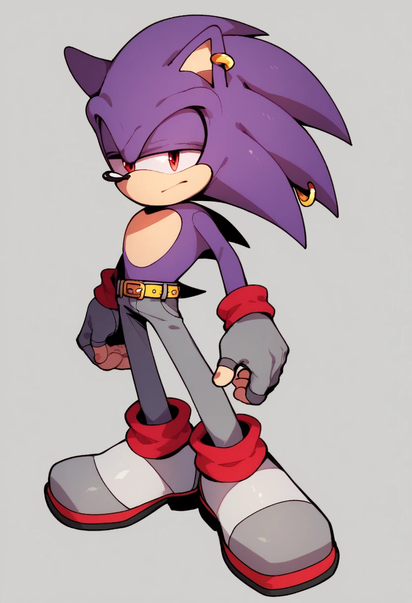 ColdsteelFNF, solo, red eyes, gloves, 1boy, animal ears, standing, full body, purple hair, male focus, shoes, pants, grey gloves, grey footwear, spiked hair, furry, furry male, gray body fur, grey footwear, animal nose, flat color, purple spiked hair, red eyes, gray pants, gray gloves with red cuffs, gold earrings. grey Sclera, mobian, sonic the hedgehog, long quills, gold earrings, grey fingerless gloves, yellow spiked belt, grey pants with purple details, purple and grey fur