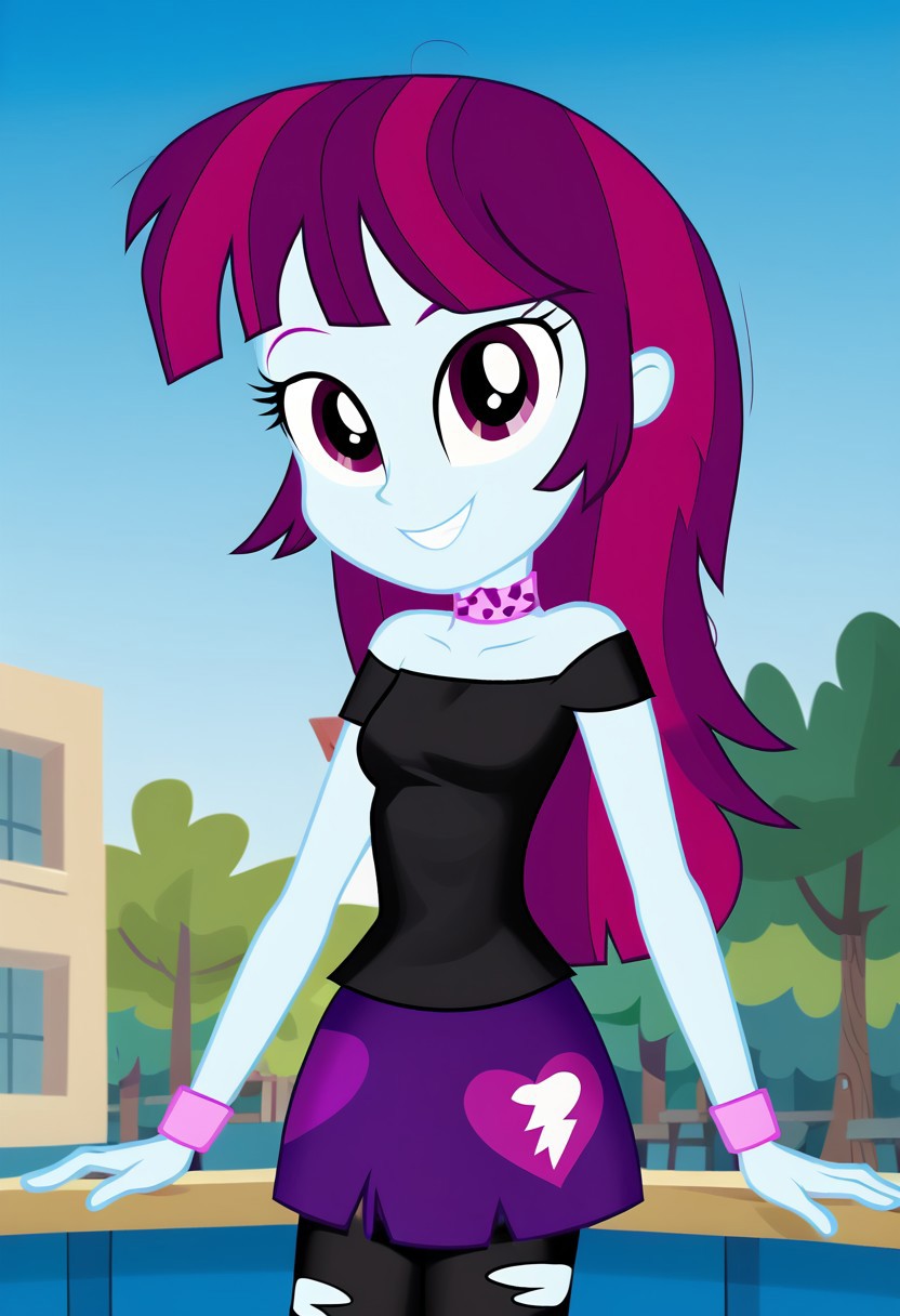 four fingers, mistery_mint, 1girl, outdoors, detailed eyebrows, black_off-shoulder_top, short_sleeves, purple_skirt, short_skirt, tattered_skirt, black_leggings, pink_choker, pink_leopard_print_choker, pink_wristband, torn_leggings, cute, solo, small breasts, gorgeous, sexy, petite body, teeth, posing, smiling, looking at viewer, (flat shading, soft shading), (equestria girls, show accurate:1.2)