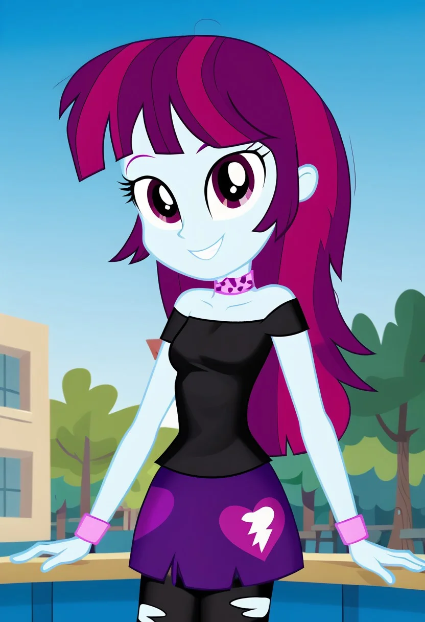 four fingers, mistery_mint, 1girl, outdoors, detailed eyebrows, black_off-shoulder_top, short_sleeves, purple_skirt, short_skirt, tattered_skirt, black_leggings, pink_choker, pink_leopard_print_choker, pink_wristband, torn_leggings, cute, solo, small breasts, gorgeous, sexy, petite body, teeth, posing, smiling, looking at viewer, (flat shading, soft shading), (equestria girls, show accurate:1.2)
