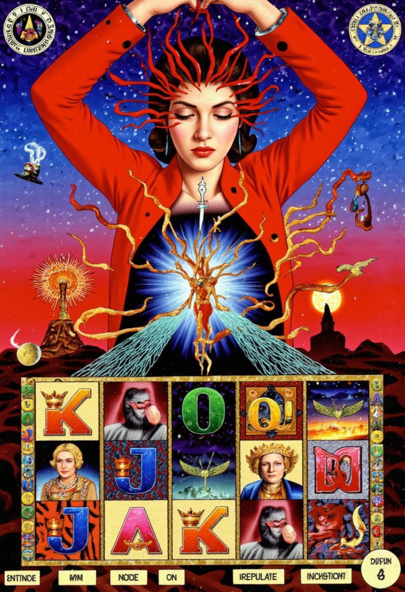 Slot machine graphics from front view . Disturbing scenes of addiction, people injecting drugs heroin, white powder, drinking alcohol smoking cigarettes. very strange surrealist style with holographic vortex featuring swirls of holotropic colour and glowing eyes wet distorted factory shot. On the television sets are glowing hands, with electricity coming off the finger tips. swirling around her head are holograms of  glyphs chaos magick symbols. the room has thick electricity cables and smoke is coming off them. large wet glistening slices of wet soggy ham and hot dogs are floating in the air, dripping gooey sauce combining mustard and blood, there are multiple wet hotdogs floating. on the wall in the background are photos of nuclear explosions