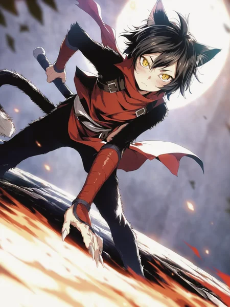 score_9,score_8_up,score_7_up,best quality,masterpiece,4k,uncensored,prefect lighting,rating_safe,very aesthetic,anime,art,fine art parody BREAK
official art,
1girl,small girl,:3,
slit pupils,slave,ninja,belt,tunic,
dungeon,blurry background,dynamic pose,full body,
solo,looking_at_viewer,blush,claws,
cat girl,(furry:1.2),black fur,(asymmetrical  body fur:1.2,,izutsumi,black_hair,short_hair,yellow_eyes,cat_tail,slit_pupils,two-tone fur,,,,,,<lora:ã¤ããã3d4js2:0.8>,,,,,