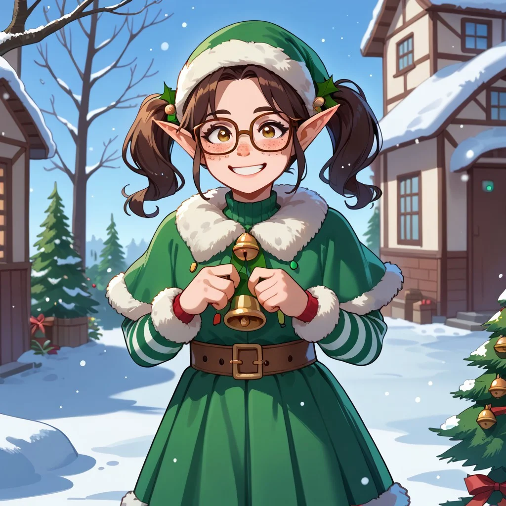 score_9,score_8_up,score_7_up, rating_questionable, outdoors, snow, smile, <lora:Christmas_Elf:0.7>, <lora:Chilindrina:1>, 1girl, chilindrina, pointy ears, smile, dark brown hair, pigtails, freckles, glasses, long green hat, green skirt, fur trim, bells, striped socks,