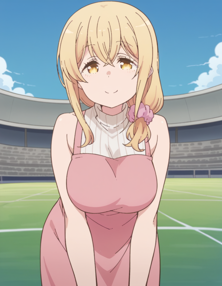 score_9, score_8_up, score_7_up, source_anime, <lora:ayaka-sunohara-s1-ponyxl-lora-nochekaiser:1>, ayaka sunohara, long hair, bangs, blonde hair, yellow eyes, mature female,, dress, sleeveless, apron, sweater, turtleneck, scrunchie, hair over shoulder, ribbed sweater, hair scrunchie, pink scrunchie,, stadium, seats, field, game, large, smile, bent over, smug,, looking at viewer, solo,, dutch angle, cowboy shot