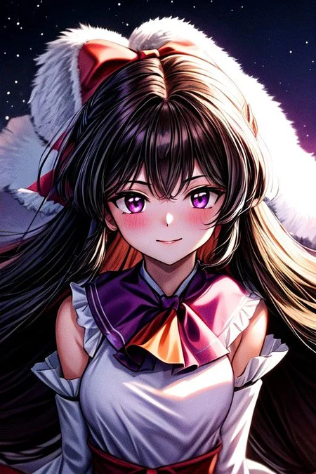 masterpiece, best quality 1girl Setsun4 solo long hair, (night time) forest background black hair very long hair purple eyes multicolored hair armor (fur trim) (medium body),<lora:EMS-179-EMS:0.800000>,<lora:EMS-293862-EMS:0.800000> bow, hair_bow, hair_tubes, red_bow, brown_hair, long_hair, bangs, sidelocks, ascot, brown_eyes, frilled_bow, yellow_ascot, blush, smile, hair_between_eyes