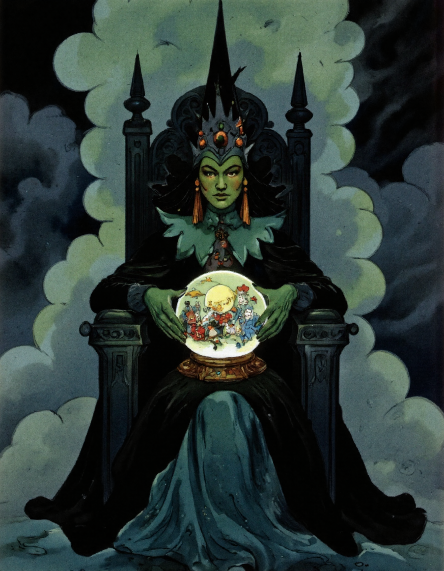 <lora:LV_NEW:1>, Wicked Witch of the West (Gingema) sitting on a throne made of storm clouds, her green skin contrasting with her black cloak. She holds a crystal ball showing Dorothy's journey. Style: Vladimirsky's dramatic lighting and gothic elementsâspiky architecture, shadowy textures, and a stormy background. Her expression should be sly but not overtly menacing, per his nuanced villain portrayal, lighting