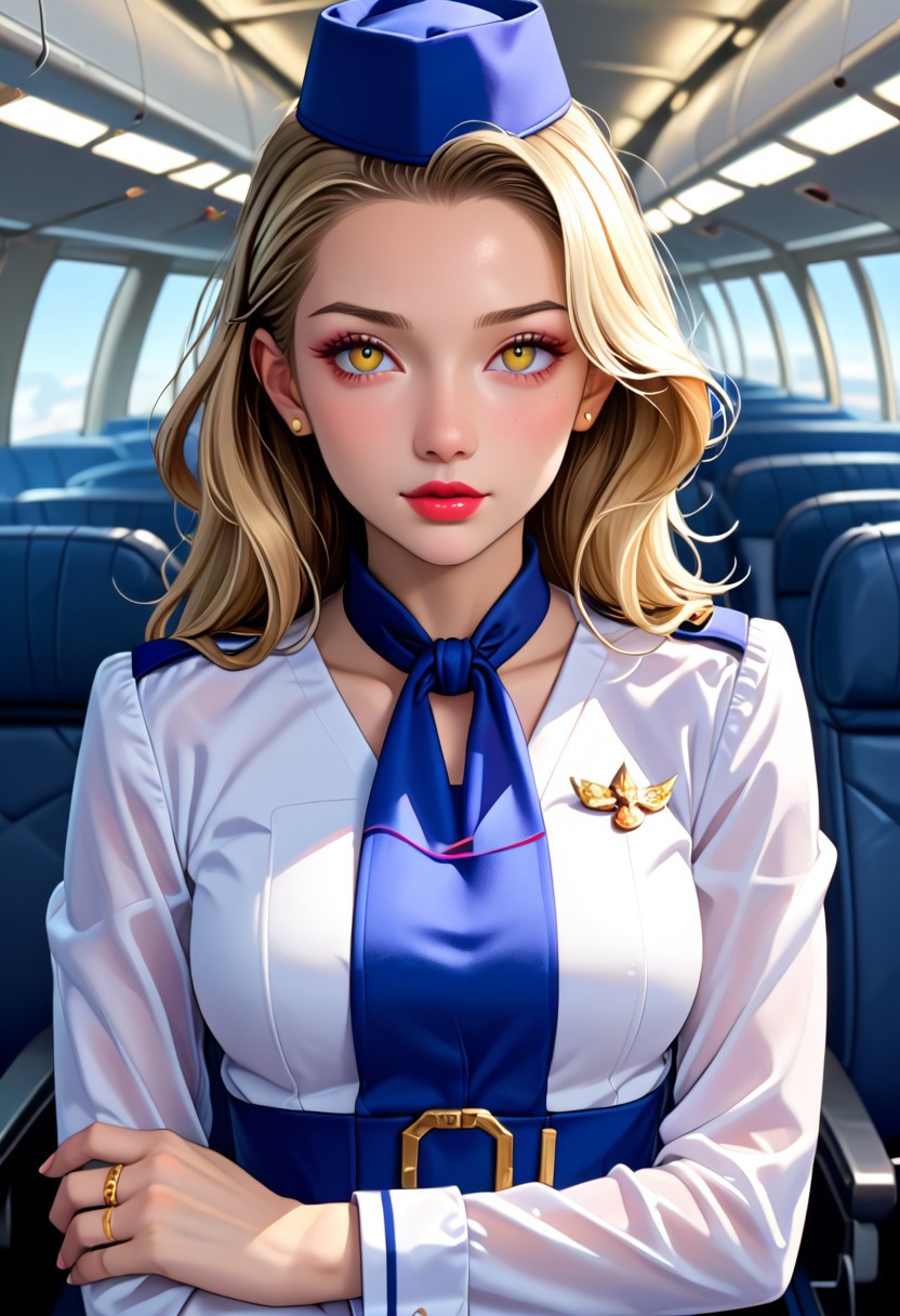 score_9, score_8_up, score_7_up, source_anime, highly detailed,  
1 girl, 23 years old,
margaretp4, blonde hair, long hair, yellow eyes, big breasts,
cabin crew, blue skirt, uniform, white shirt, miniskirt, stewardess hat, pantyhose, black pantyhose, high heels, lipstick,
airport, lounges, standing, From front.