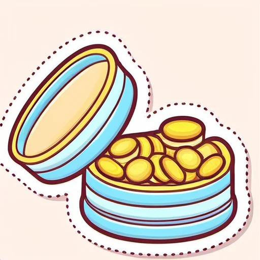 <lora:Game Icon InstituteXL3:1>,(masterpiece, top quality, best quality, official art, beautiful and aesthetic:1.2),(8k, best quality, masterpiece:1.2),a cartoon of a blue and yellow container filled with gold coins on a pink background with a white dotted line, simple_background, white_background, food, no_humans, outline, white_outline, food_focus, jar, still_life