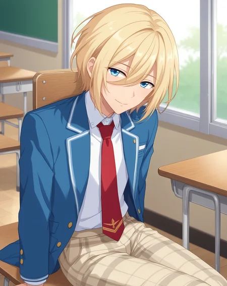 score_9, score_8_up, score_7_up, source_anime, anime screencap, depth of field, rating_safe, BREAK,
1boy, solo, yaoi, male focus, looking at viewer, cowboy shot, facing viewer,
<lora:tenshouin_eichi_pony:1> tenshouin_eichi_pony, blonde hair, blue eyes, medium hair, hair between eyes, bangs,
yumenosaki school uniform, blue jacket, white shirt, collared shirt, red necktie, black pants, plaid pants,
indoors, school, classroom, desk, sitting, arms at sides,
<lora:age_slider_v4:1.75>