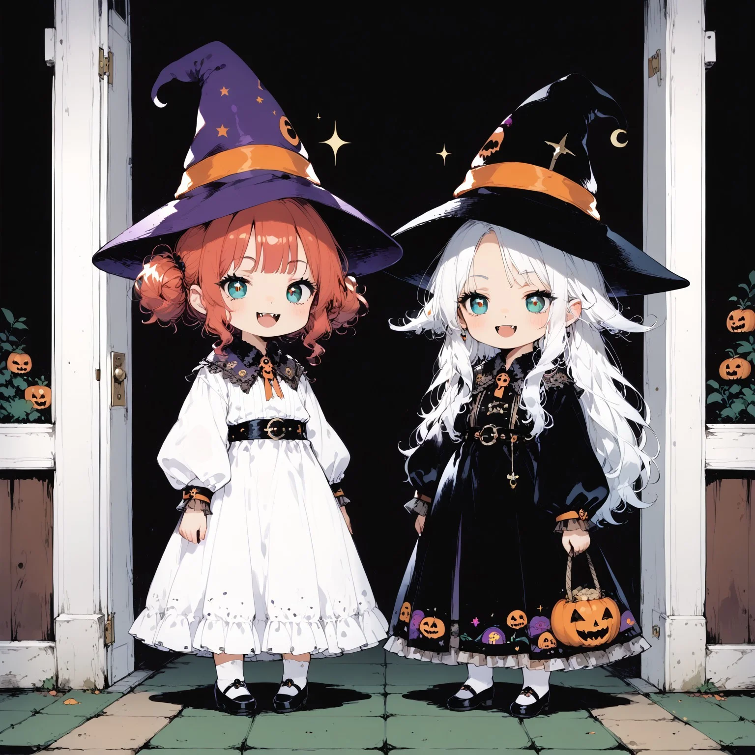 score_9, score_8_up, score_7_up, extremely high resolution, extremely detailed, 4k, source_anime, (((2girls))), standing next to each other, girla and girlb, (ultra HD quality details), anime, slightly chibi, BREAK, girla, on the left, witch costume, witch hat, smug expression, BREAK, girlb, on the right, vampire costume, fangs, BREAK, (detailed image, high resolution, 5k resolution:1.0), trick or treat, veranda, at the door, holding bags, halloween aesthetics, evening, d4rkpurp, handfixer