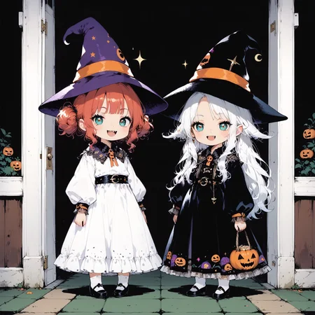 score_9, score_8_up, score_7_up, extremely high resolution, extremely detailed, 4k, source_anime, (((2girls))), standing next to each other, girla and girlb, (ultra HD quality details), anime, slightly chibi, BREAK, girla, on the left, witch costume, witch hat, smug expression, BREAK, girlb, on the right, vampire costume, fangs, BREAK, (detailed image, high resolution, 5k resolution:1.0), trick or treat, veranda, at the door, holding bags, halloween aesthetics, evening, d4rkpurp, handfixer