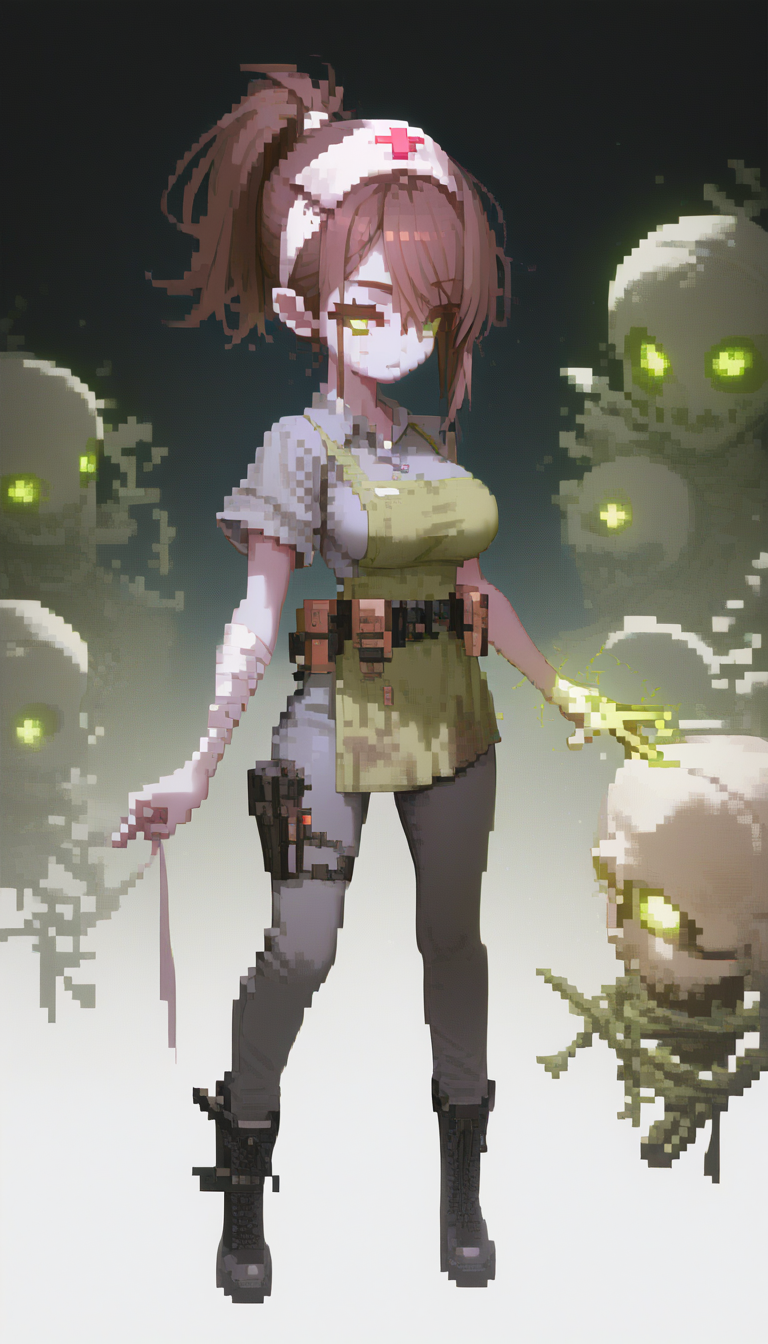 radsister, 1girl,
glowing green vein, undead girl, white skin, colored skin, pale skin,  
messy high ponytail, long bangs, side-swept bangs, layered hair, loose strands, hair tucked under headband, brown hair, glowin green eyes
radioactive nurse, glowing green eyes, glowing veins, pale skin, brown hair, tied hair, white headband,  
short-sleeved nurse uniform, gray shirt, button-up shirt,rolled-up sleeves,
dirty apron,green apron,
tight dark pants, tactical pants, grey pants,
black leather boots, heavy boots
bandaged arm, utility belt,  eerie aesthetic
, full body, standing, detailed face, simple background, detailed, perfect, perfection, score_9, score_8_up, score_7_up, score_6_up, score_5_up,