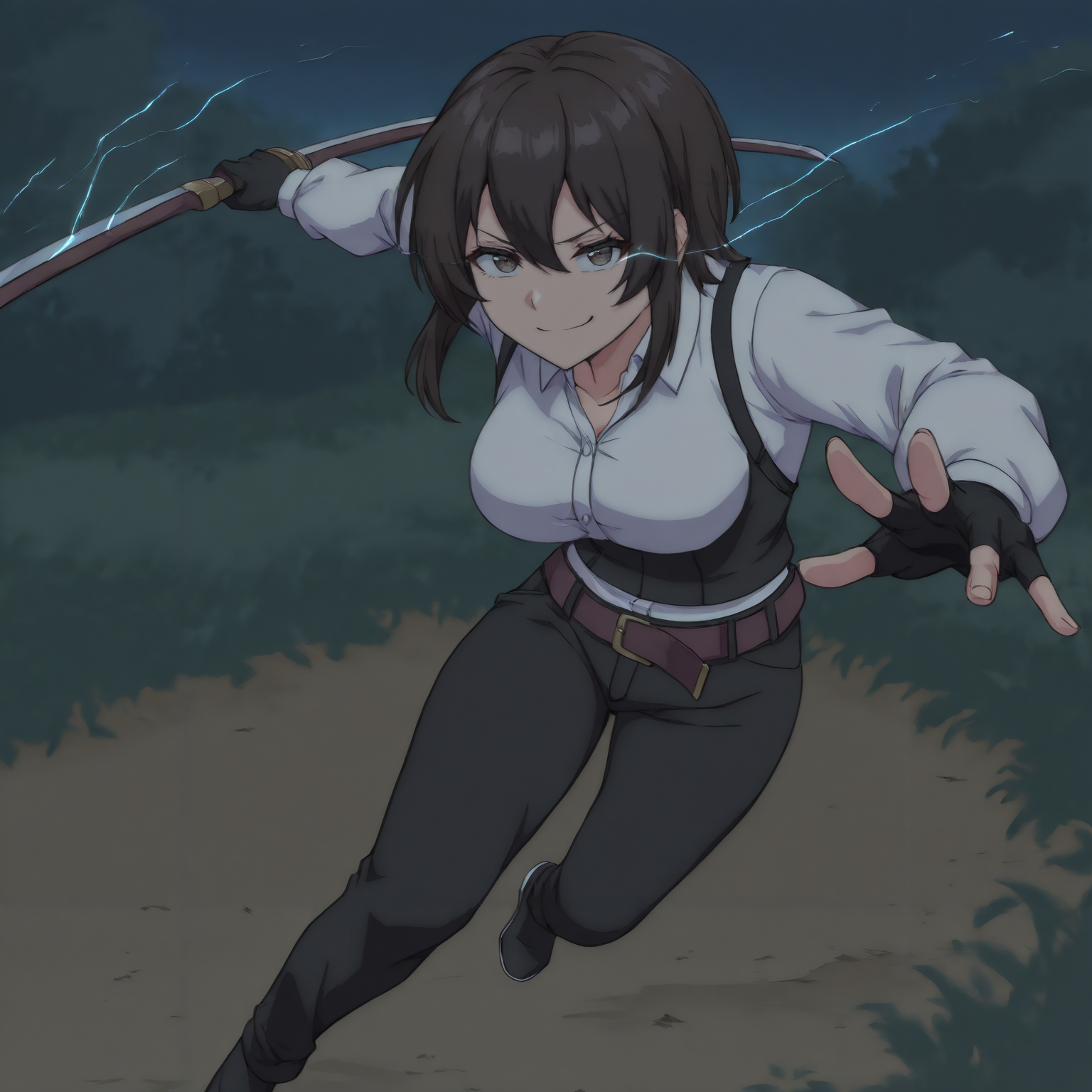 masterpiece, best quality, newest, absurdres, highres, dark, outdoors, night, closed mouth, smug, grin, looking at viewer, medium breasts, 1girl, solo,  <lora:Elna_Stongs_Illustrious-000010:1> estonggsslna, short hair, brown hair, sidelocks, hair between eyes, bangs, brown eyes, white shirt, dress shirt, underbust, black gloves, fingerless gloves, belt, black pants, black footwear, full body, incoming attack, dynamic pose, foreshortening, holding sword, eye trail, light trail