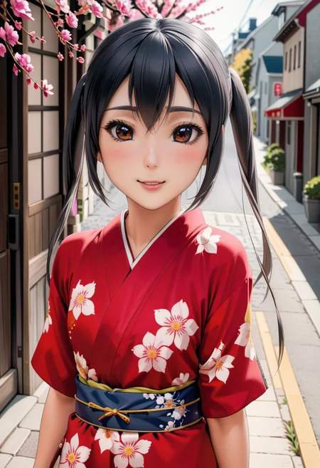 1 girl, nakano azusa, fully clothed, red kimono with pink flowers, perfect face, black eyes, black hair, show top of head, pigtails hair, blushing, smiling, outside, in the street of old qubec, small breasts, <lora:azusa_xl_rev3:0>, <lora:add-detail-xl:1>, OverallDetail, fFaceDetail, EyeDetail, Painstaking Attention To Details, art by mooncryptowow,
